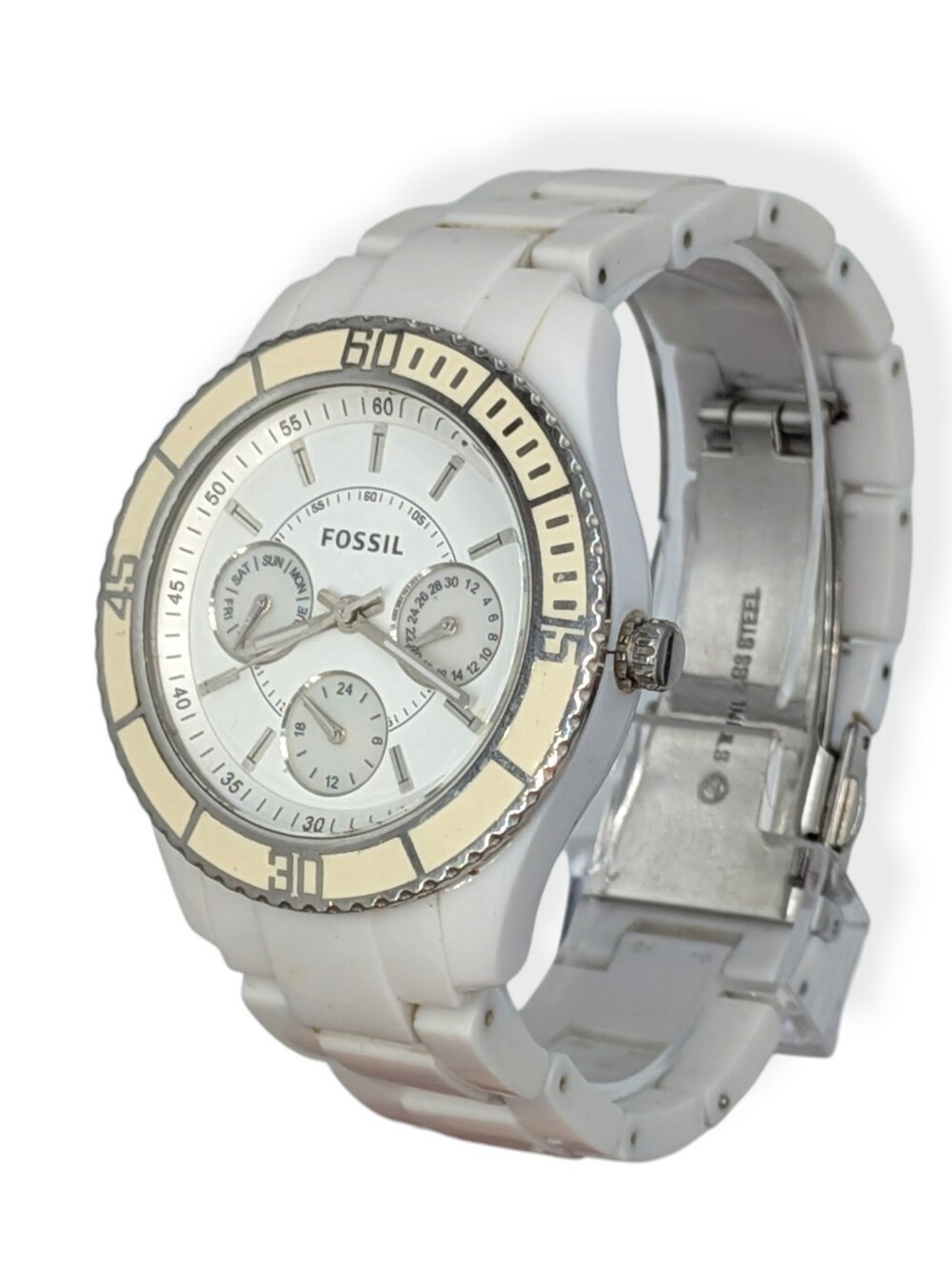 Fossil Watch White Ceramic Multifunction Crystal Bezel Subdials Glow In Dark
